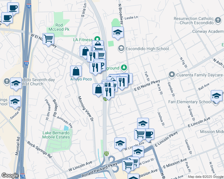 map of restaurants, bars, coffee shops, grocery stores, and more near 245 West El Norte Parkway in Escondido