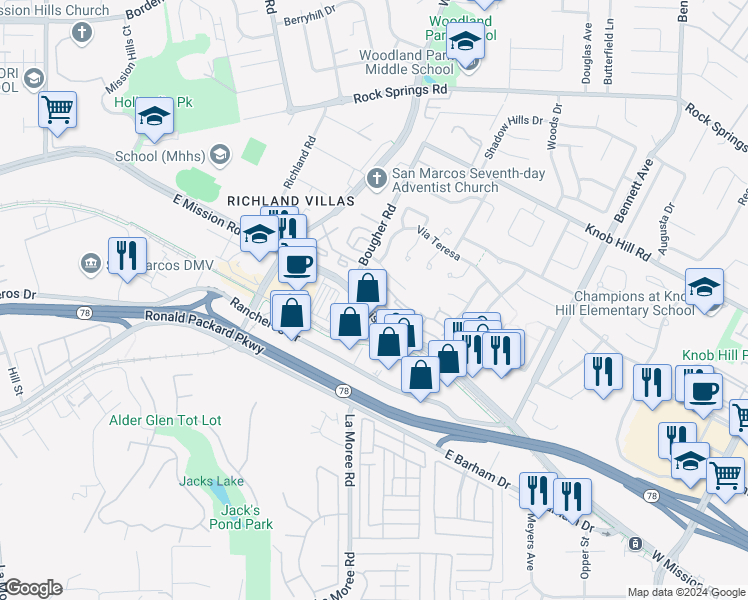 map of restaurants, bars, coffee shops, grocery stores, and more near 1121 Arbor Lane in San Marcos