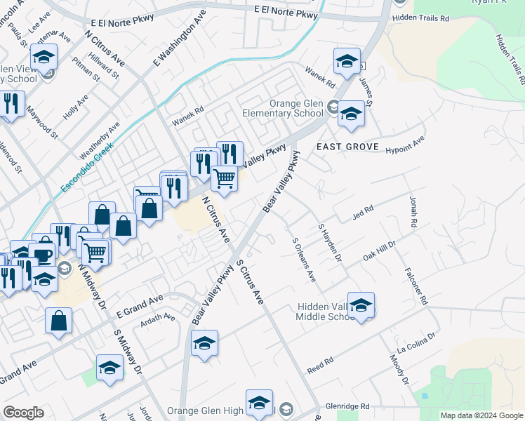 map of restaurants, bars, coffee shops, grocery stores, and more near 2530 Bear Valley Parkway in Escondido
