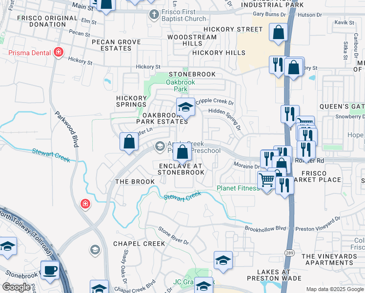 map of restaurants, bars, coffee shops, grocery stores, and more near 8071 Stonebrook Parkway in Frisco