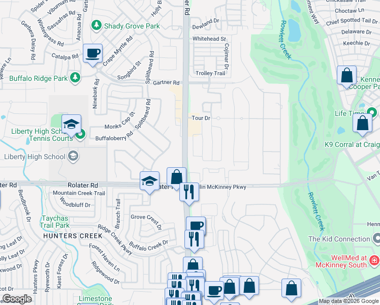 map of restaurants, bars, coffee shops, grocery stores, and more near 6220 Spieth Road in McKinney