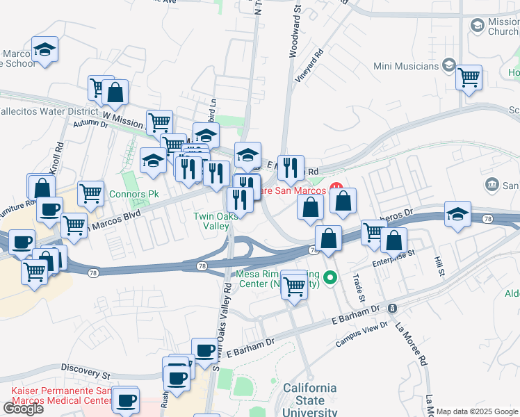 map of restaurants, bars, coffee shops, grocery stores, and more near 125 North Twin Oaks Valley Road in San Marcos
