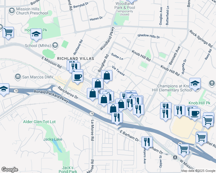 map of restaurants, bars, coffee shops, grocery stores, and more near 1120 Grape Street in San Marcos