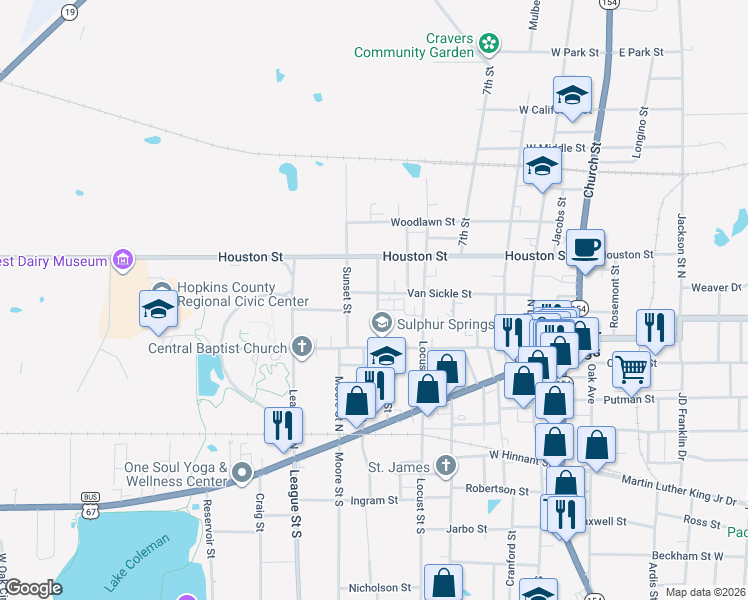map of restaurants, bars, coffee shops, grocery stores, and more near 220 Ponder Street in Sulphur Springs