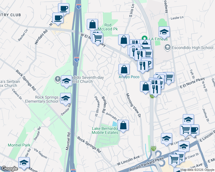 map of restaurants, bars, coffee shops, grocery stores, and more near 1387 Borden Road in Escondido