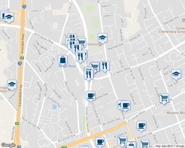 map of restaurants, bars, coffee shops, grocery stores, and more near 245 West El Norte Parkway in Escondido