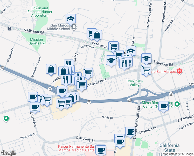 map of restaurants, bars, coffee shops, grocery stores, and more near 400 E West San Marcos Boulevard in San Marcos