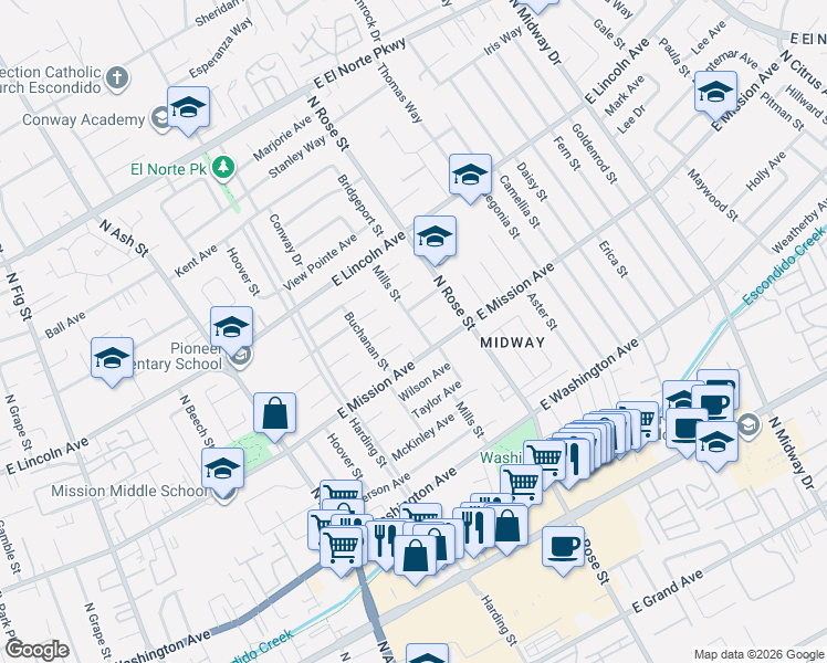 map of restaurants, bars, coffee shops, grocery stores, and more near 839 Mills Street in Escondido