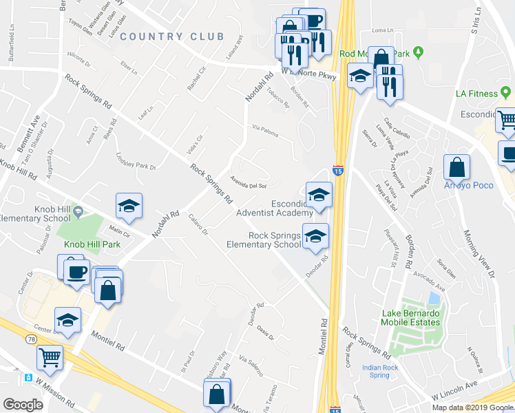 map of restaurants, bars, coffee shops, grocery stores, and more near 1130 Pebble Springs Lane in Escondido