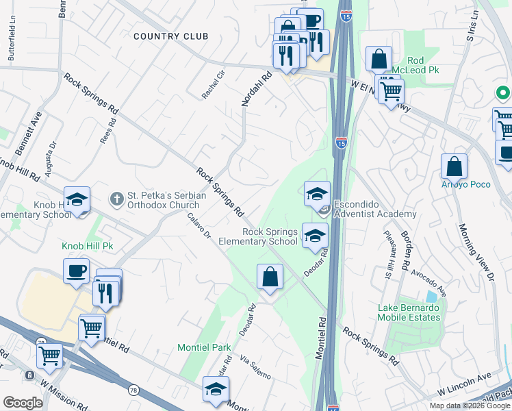 map of restaurants, bars, coffee shops, grocery stores, and more near 1130 Pebble Springs Lane in Escondido