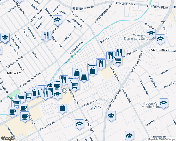 map of restaurants, bars, coffee shops, grocery stores, and more near 2300 East Valley Parkway in Escondido