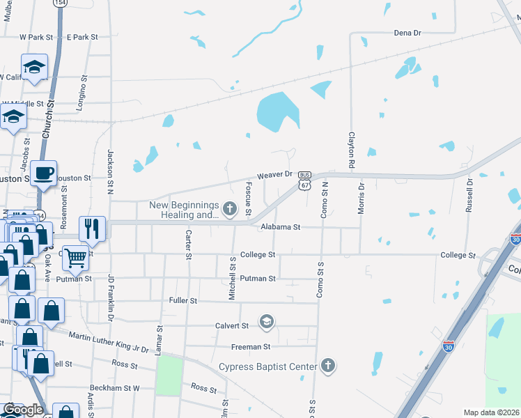 map of restaurants, bars, coffee shops, grocery stores, and more near 801 Jefferson Street East in Sulphur Springs