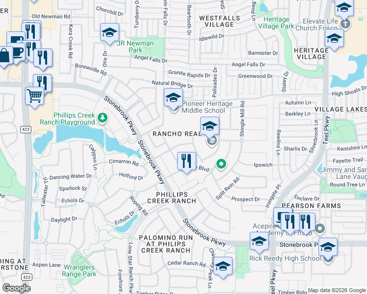 map of restaurants, bars, coffee shops, grocery stores, and more near 1515 Campbell Court in Frisco