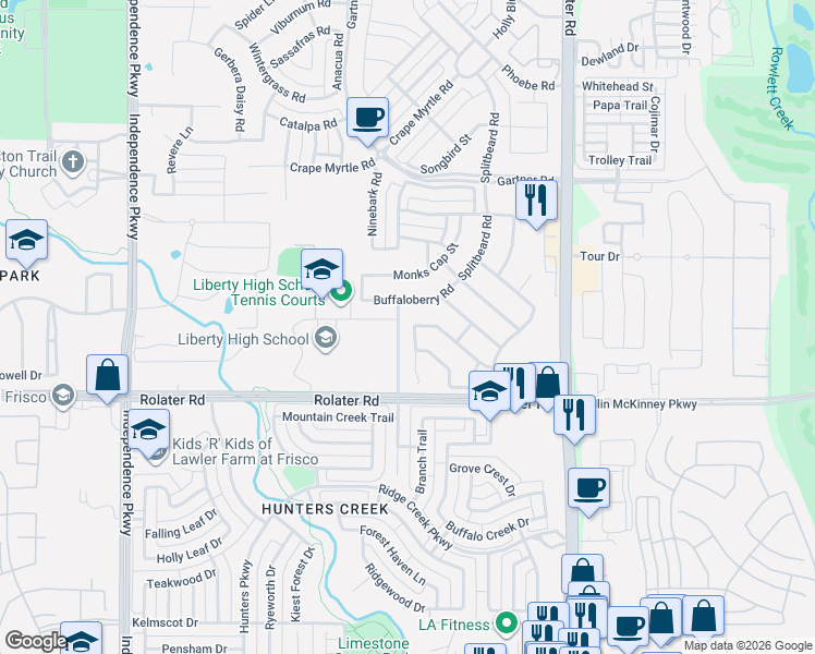 map of restaurants, bars, coffee shops, grocery stores, and more near 7509 Perennial Street in Frisco