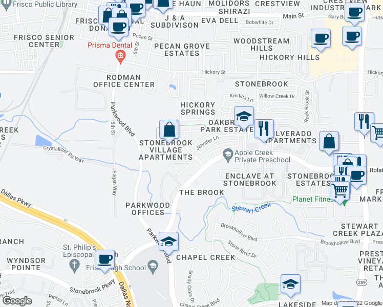 map of restaurants, bars, coffee shops, grocery stores, and more near Rolling Brook Drive in Frisco