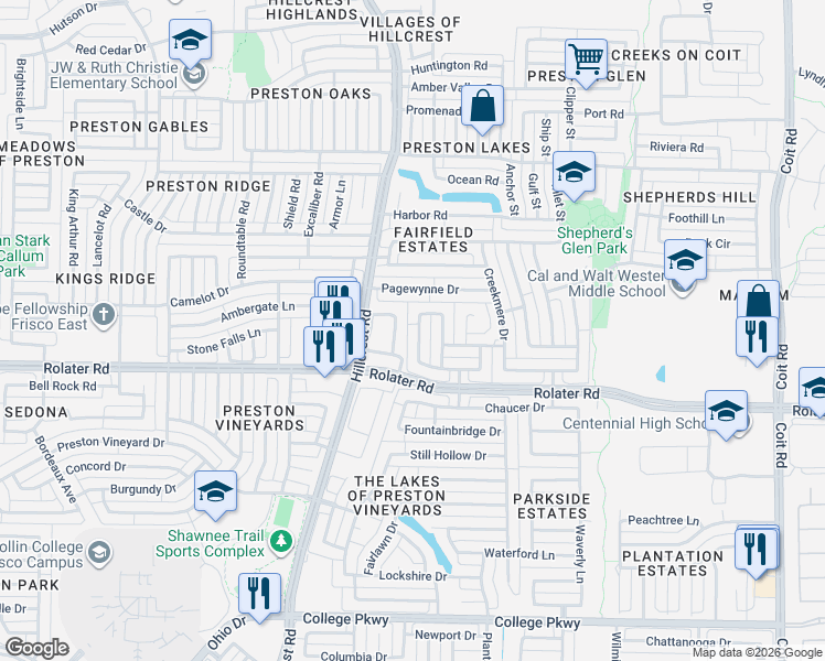 map of restaurants, bars, coffee shops, grocery stores, and more near 7381 Saddlehorn Drive in Frisco