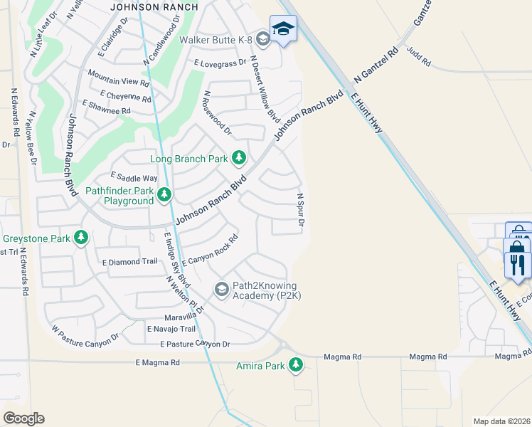 map of restaurants, bars, coffee shops, grocery stores, and more near 1118 East Desert Springs Way in Queen Creek