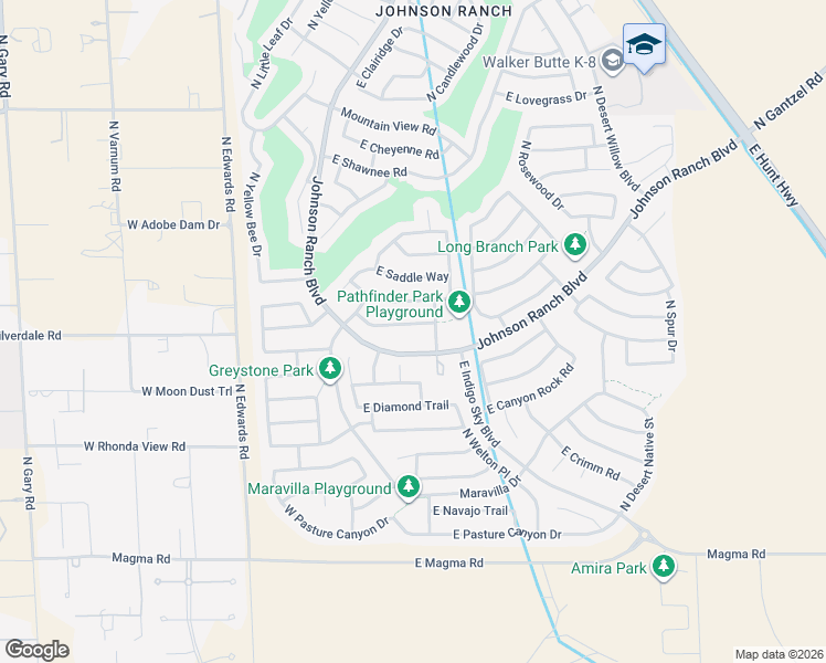 map of restaurants, bars, coffee shops, grocery stores, and more near 345 East Dry Creek Road in San Tan Valley