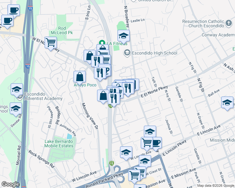 map of restaurants, bars, coffee shops, grocery stores, and more near 245 West El Norte Parkway in Escondido