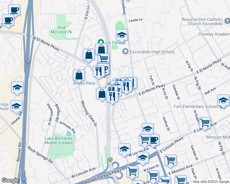 map of restaurants, bars, coffee shops, grocery stores, and more near 245 West El Norte Parkway in Escondido