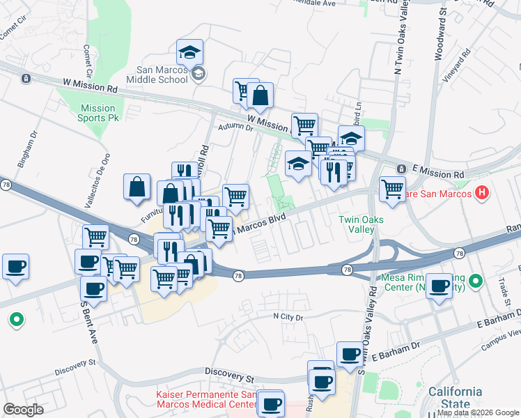 map of restaurants, bars, coffee shops, grocery stores, and more near 400 E West San Marcos Boulevard in San Marcos