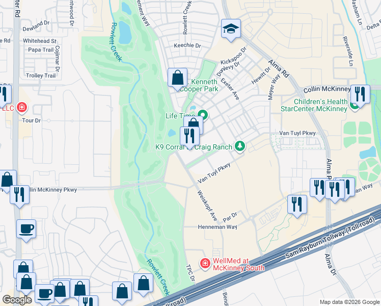 map of restaurants, bars, coffee shops, grocery stores, and more near 7951 Collin McKinney Parkway in McKinney
