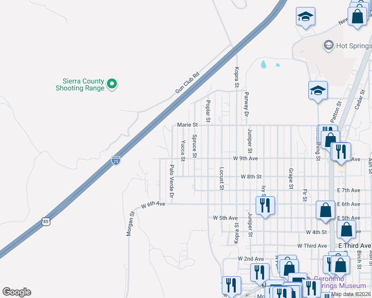 map of restaurants, bars, coffee shops, grocery stores, and more near 900-998 Yucca St in Truth or Consequences