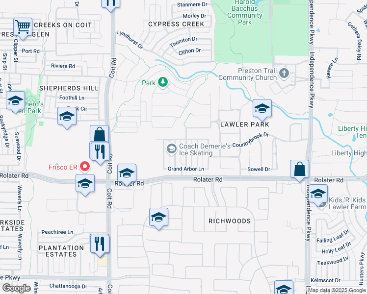 map of restaurants, bars, coffee shops, grocery stores, and more near 7516 Perry Drive in Frisco