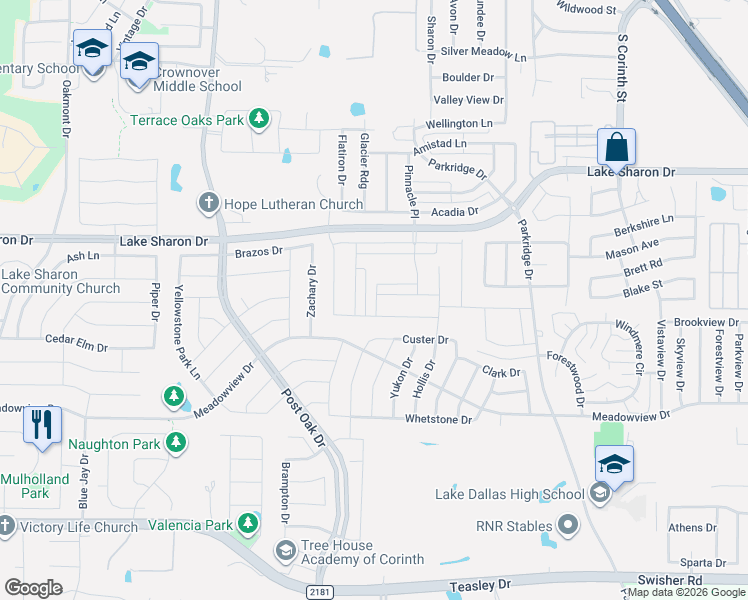 map of restaurants, bars, coffee shops, grocery stores, and more near 2825 Custer Drive in Corinth