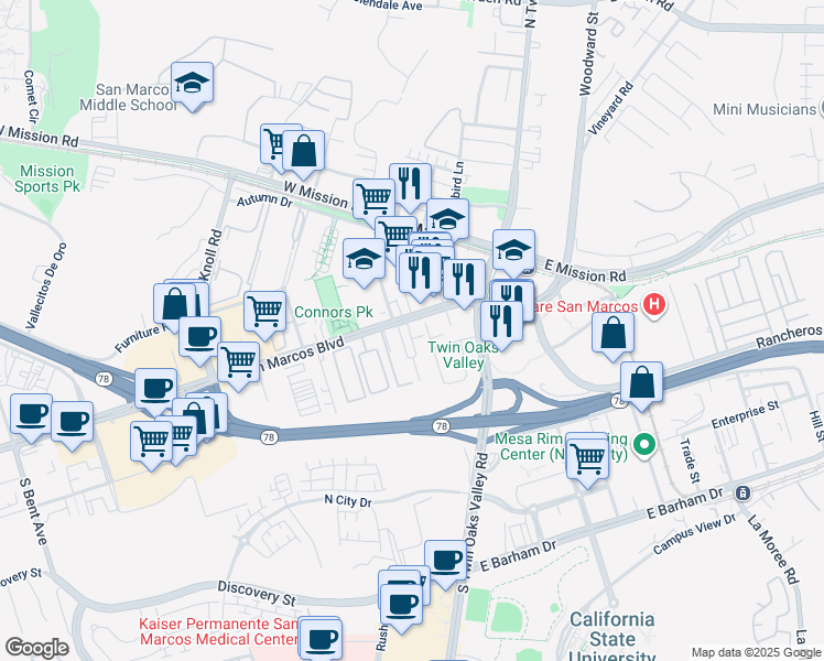 map of restaurants, bars, coffee shops, grocery stores, and more near 233 West San Marcos Boulevard in San Marcos
