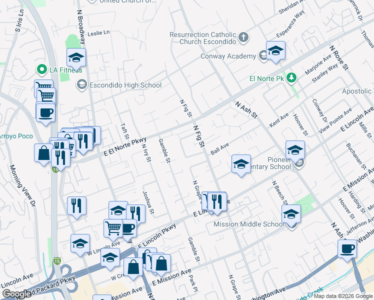 map of restaurants, bars, coffee shops, grocery stores, and more near 1220 North Grape Street in Escondido