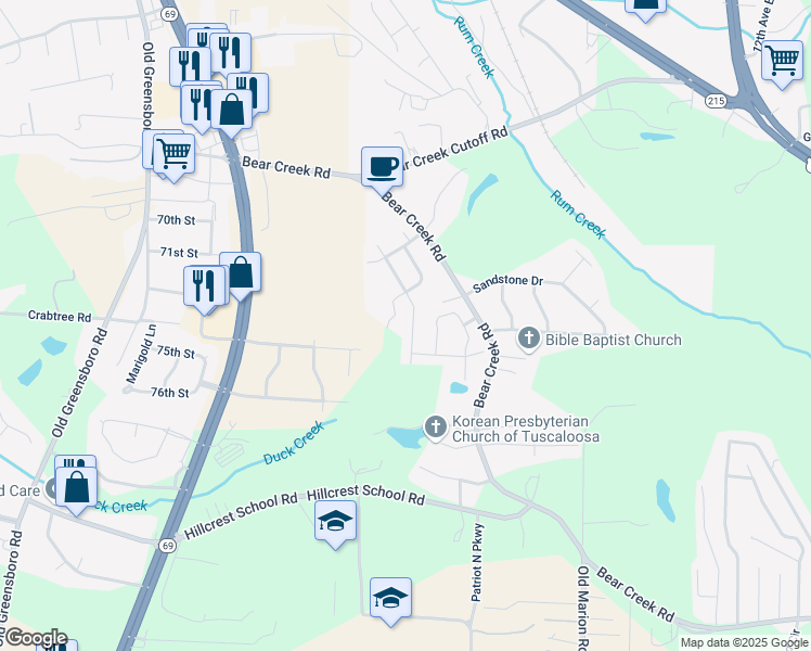map of restaurants, bars, coffee shops, grocery stores, and more near 7200 Hud Lane in Tuscaloosa