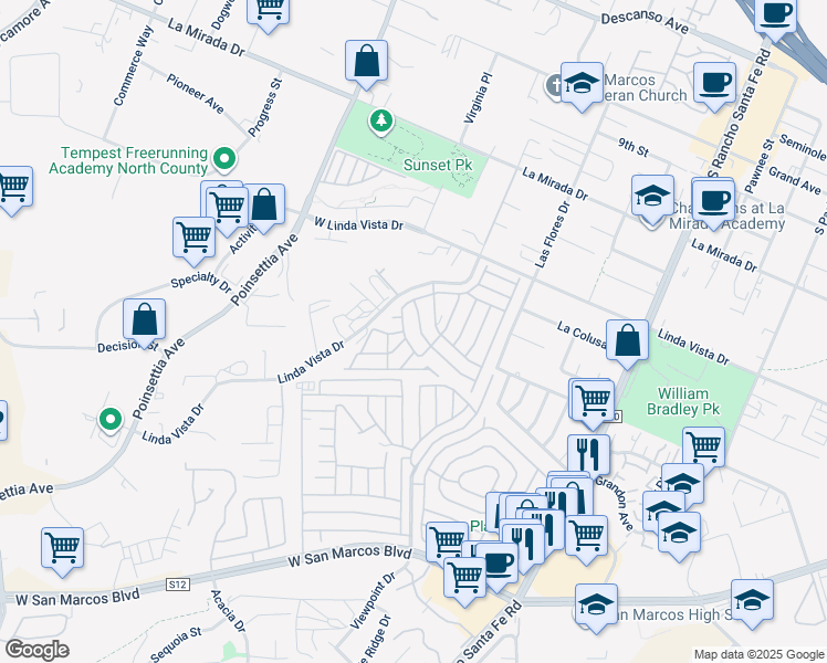 map of restaurants, bars, coffee shops, grocery stores, and more near 3535 Linda Vista Drive in San Marcos