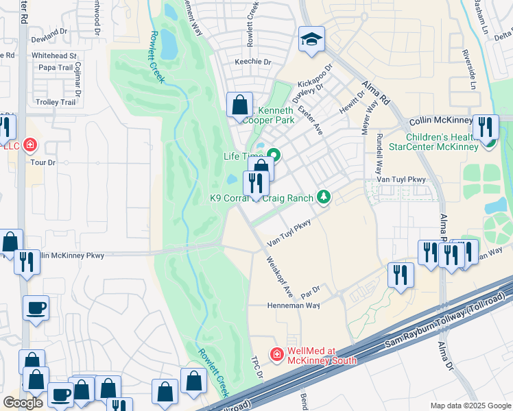 map of restaurants, bars, coffee shops, grocery stores, and more near 7951 Collin McKinney Parkway in McKinney