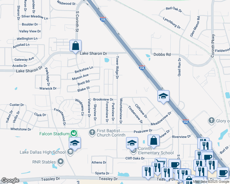 map of restaurants, bars, coffee shops, grocery stores, and more near 2560 Tower Ridge Drive in Corinth