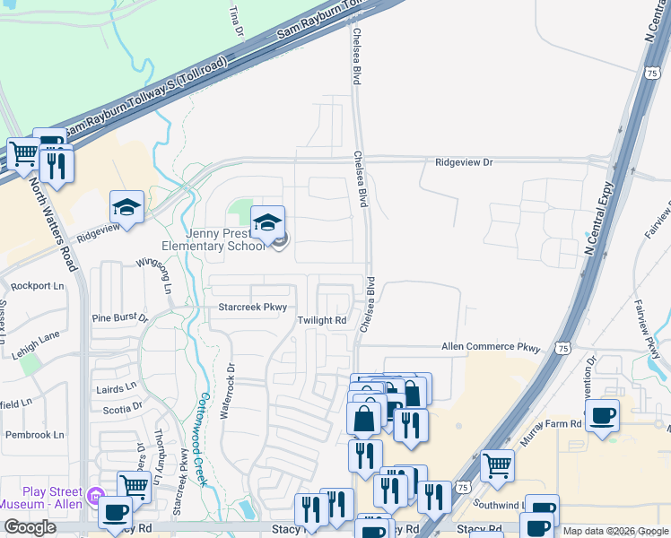 map of restaurants, bars, coffee shops, grocery stores, and more near 843 Veneto Drive in Allen