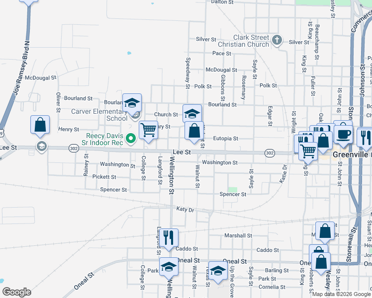 map of restaurants, bars, coffee shops, grocery stores, and more near 3924 Washington Street in Greenville