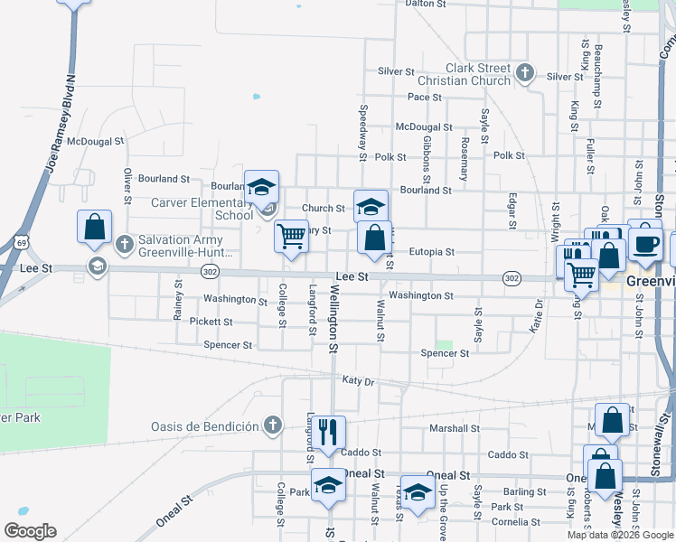 map of restaurants, bars, coffee shops, grocery stores, and more near 4010 Lee Street in Greenville