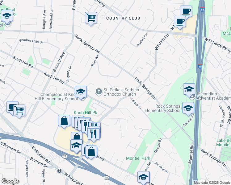 map of restaurants, bars, coffee shops, grocery stores, and more near 1033 Nordahl Road in San Marcos