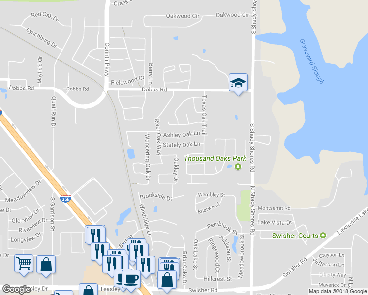 map of restaurants, bars, coffee shops, grocery stores, and more near 326 Stately Oak Lane in Lake Dallas