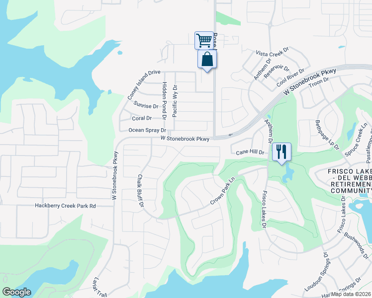 map of restaurants, bars, coffee shops, grocery stores, and more near 2673 Oyster Bay Drive in Frisco