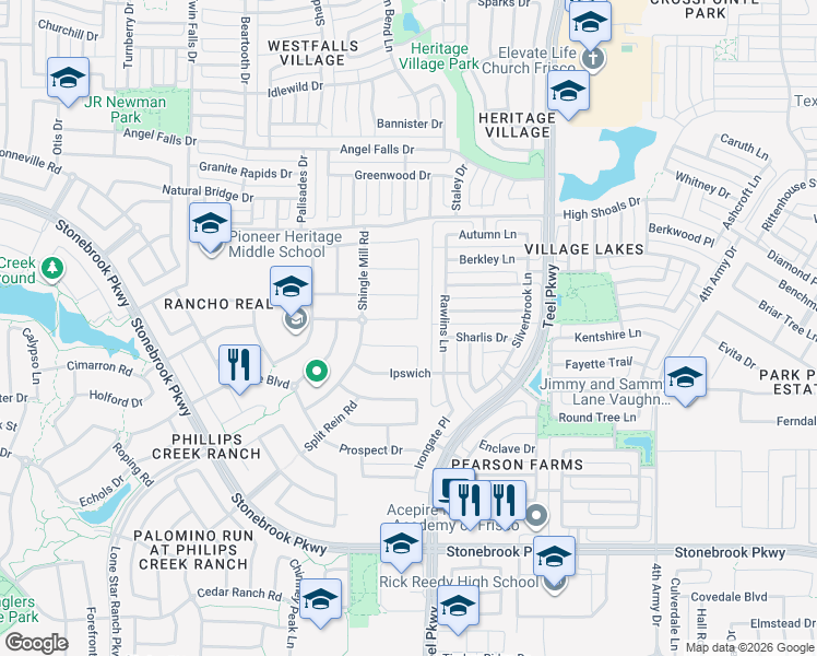 map of restaurants, bars, coffee shops, grocery stores, and more near 2257 Lead Plumb Drive in Frisco