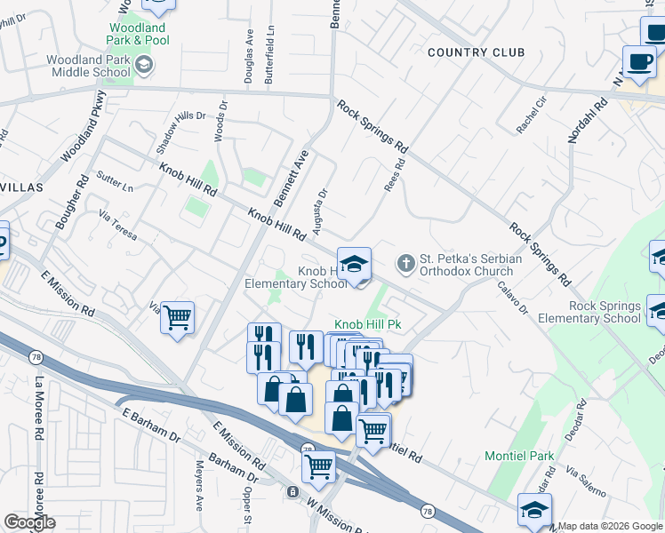 map of restaurants, bars, coffee shops, grocery stores, and more near 1825 Knob Hill Road in San Marcos