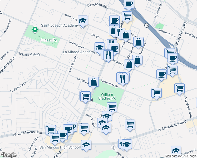 map of restaurants, bars, coffee shops, grocery stores, and more near Linda Vista Drive in San Marcos