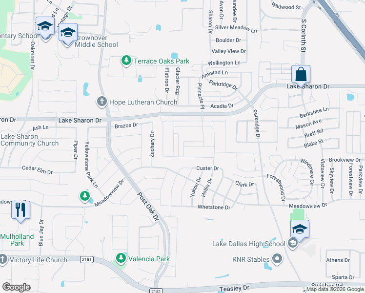 map of restaurants, bars, coffee shops, grocery stores, and more near 2300 Lake Sharon Drive in Corinth