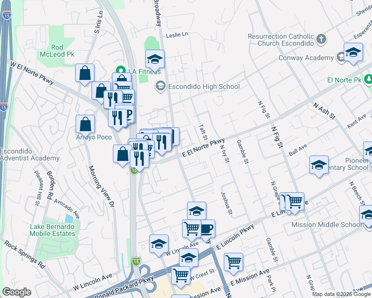 map of restaurants, bars, coffee shops, grocery stores, and more near 140 East El Norte Parkway in Escondido