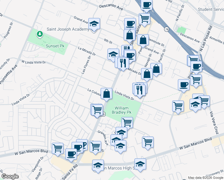 map of restaurants, bars, coffee shops, grocery stores, and more near Linda Vista Drive in San Marcos