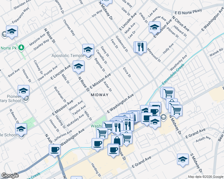 map of restaurants, bars, coffee shops, grocery stores, and more near 704 Aster Street in Escondido