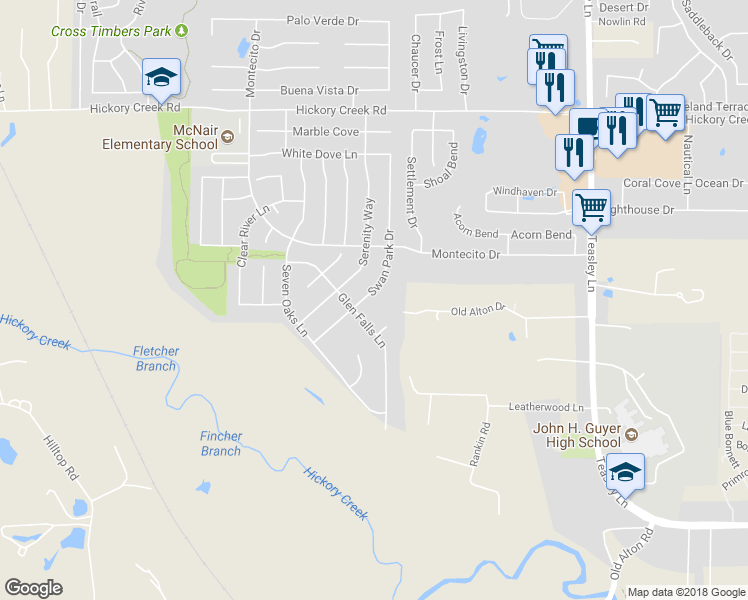 map of restaurants, bars, coffee shops, grocery stores, and more near 8605 Swan Park Drive in Denton