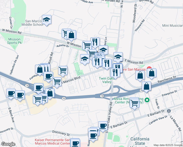 map of restaurants, bars, coffee shops, grocery stores, and more near West San Marcos Boulevard & Tiger Way in San Marcos